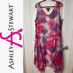 Ashley Stewart Tropical Shark Bite Hem Midi Dress Size 18/20. Fully Lined GUC